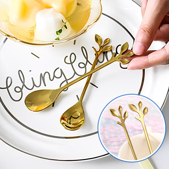 Cuillère à Café en Forme de Feuille d'Arbre Doré